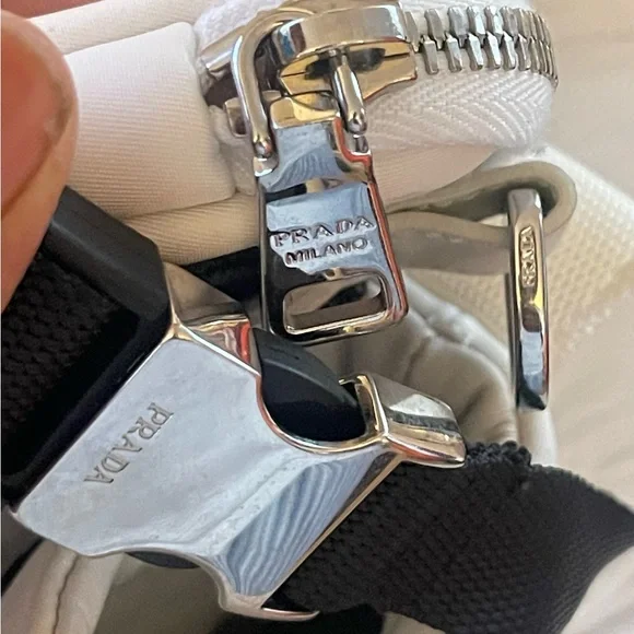 Prada White High-Top Sneakers with Black Strap - Picture 14 of 14